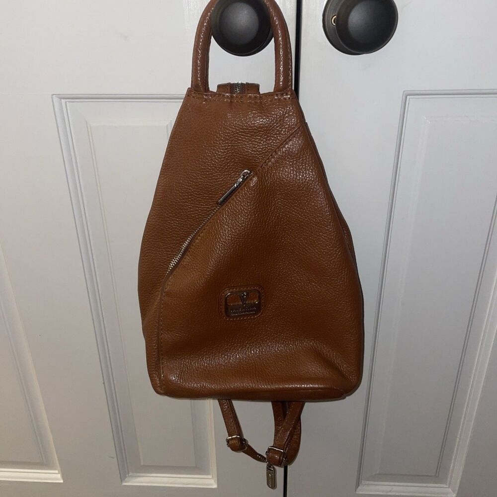 Valentina Italian Convertible Leather Backpack Cognac Brown Sling Crossbody